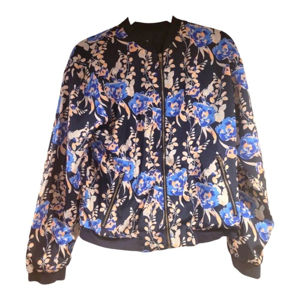 GAP women's bomber jacket size S blue floral 100% Cotton pockets full zip lined